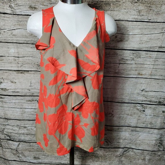 LOFT Tops - LOFT Tank Top Blouse Top Orange Brown Floral Sleeveless Bow Tie Ruffle Sz MP